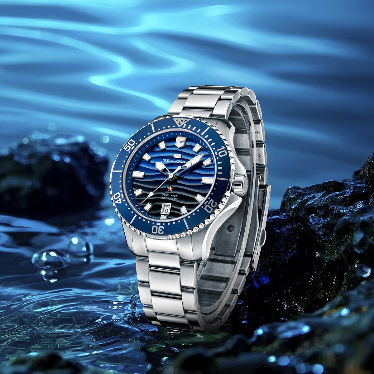 Ocean Series Pro 300m Waterproof Gradient Wave-textured Dial Diving Watch 41mm